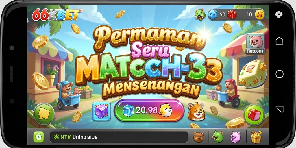 Tampilkan gameplay seru 66KBET dengan objek Match-3 yang berwarna-warni.