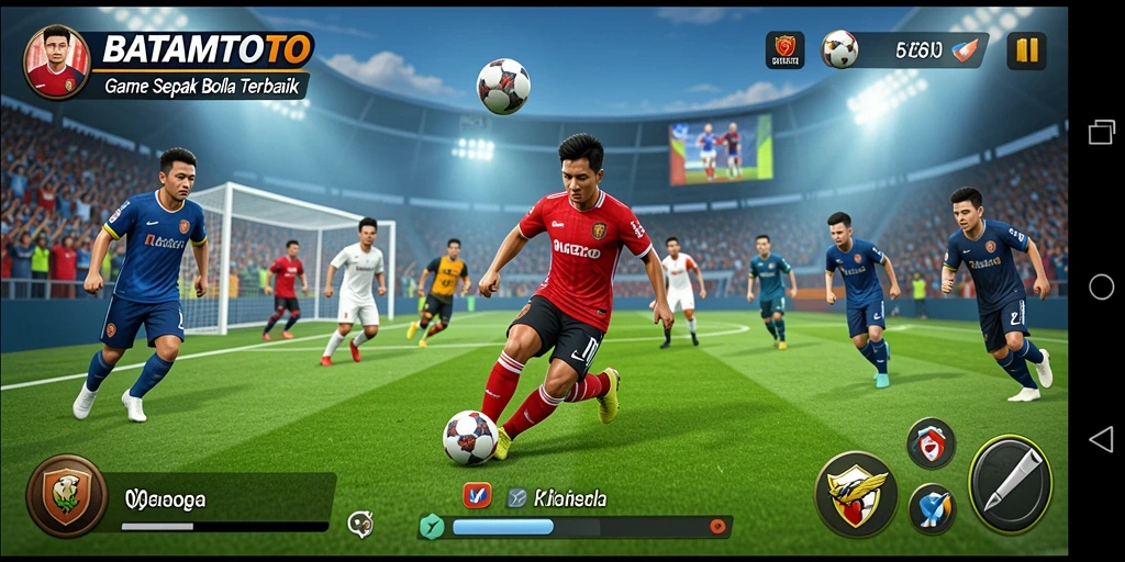 Tangkapan layar gameplay BATAMTOTO menampilkan aksi seru di lapangan sepak bola.