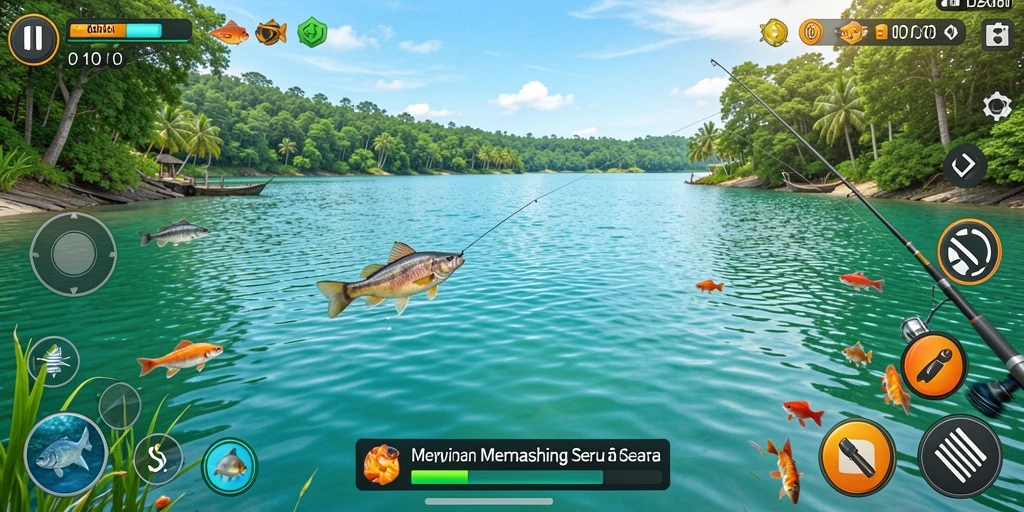 Screenshot ID098 menunjukkan momen menangkap ikan besar di lautan.