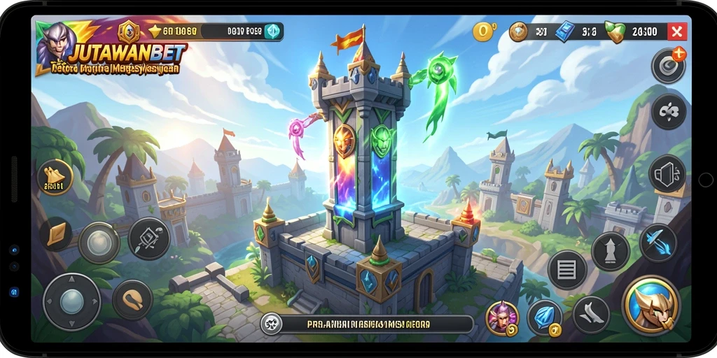 Tampilan gameplay seru di JUTAWANBET dengan pertahanan menara yang strategis.