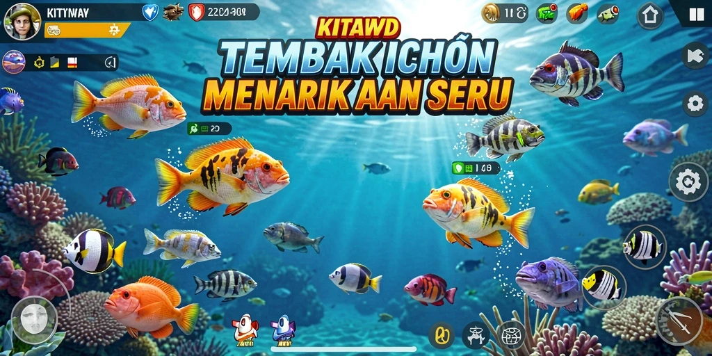 Screenshot utama dari KITAWD menunjukkan aksi menembak ikan yang seru.