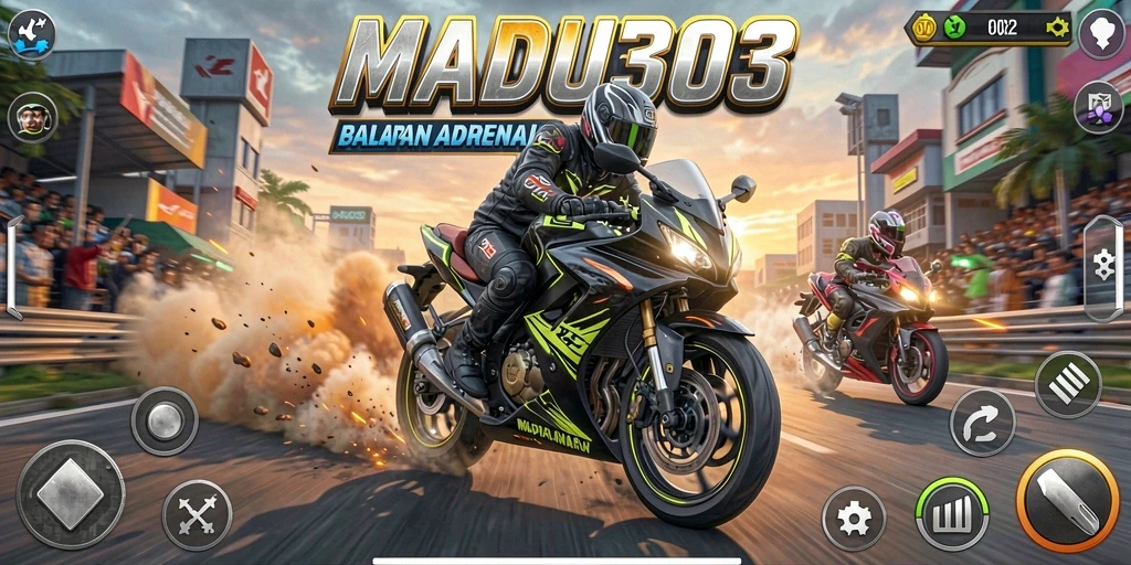 Screenshot utama MADU303 menampilkan aksi balapan motor yang mendebarkan.
