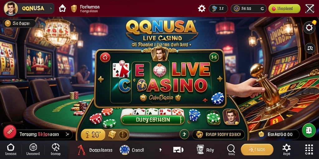 Screenshot utama QQNUSA menampilkan dealer live yang profesional dalam permainan kasino.