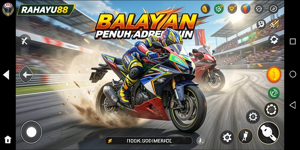Gameplay mendebarkan dari RAHAYU88 dengan balapan motor yang penuh aksi.