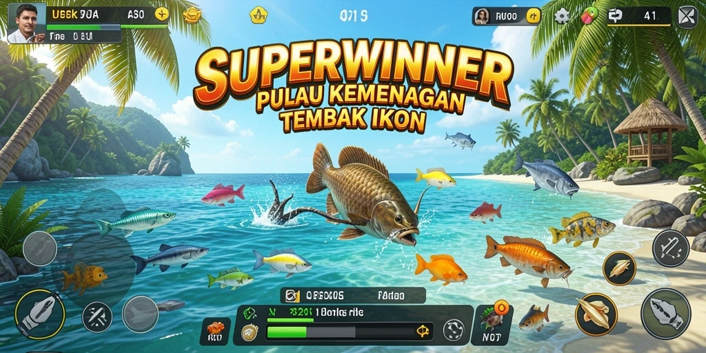 Tangkapan layar utama SUPERWINNER menunjukkan aksi menembak ikan yang seru.