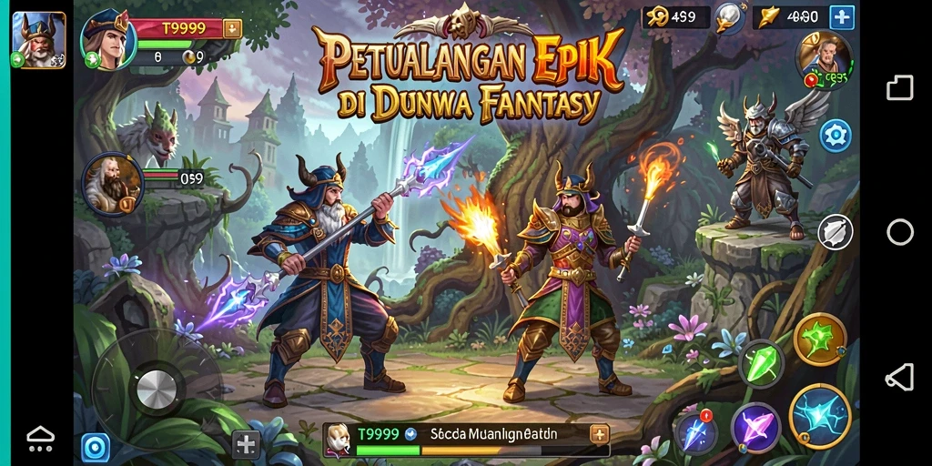Screenshot utama T9999 menampilkan aksi seru dalam pertarungan RPG.
